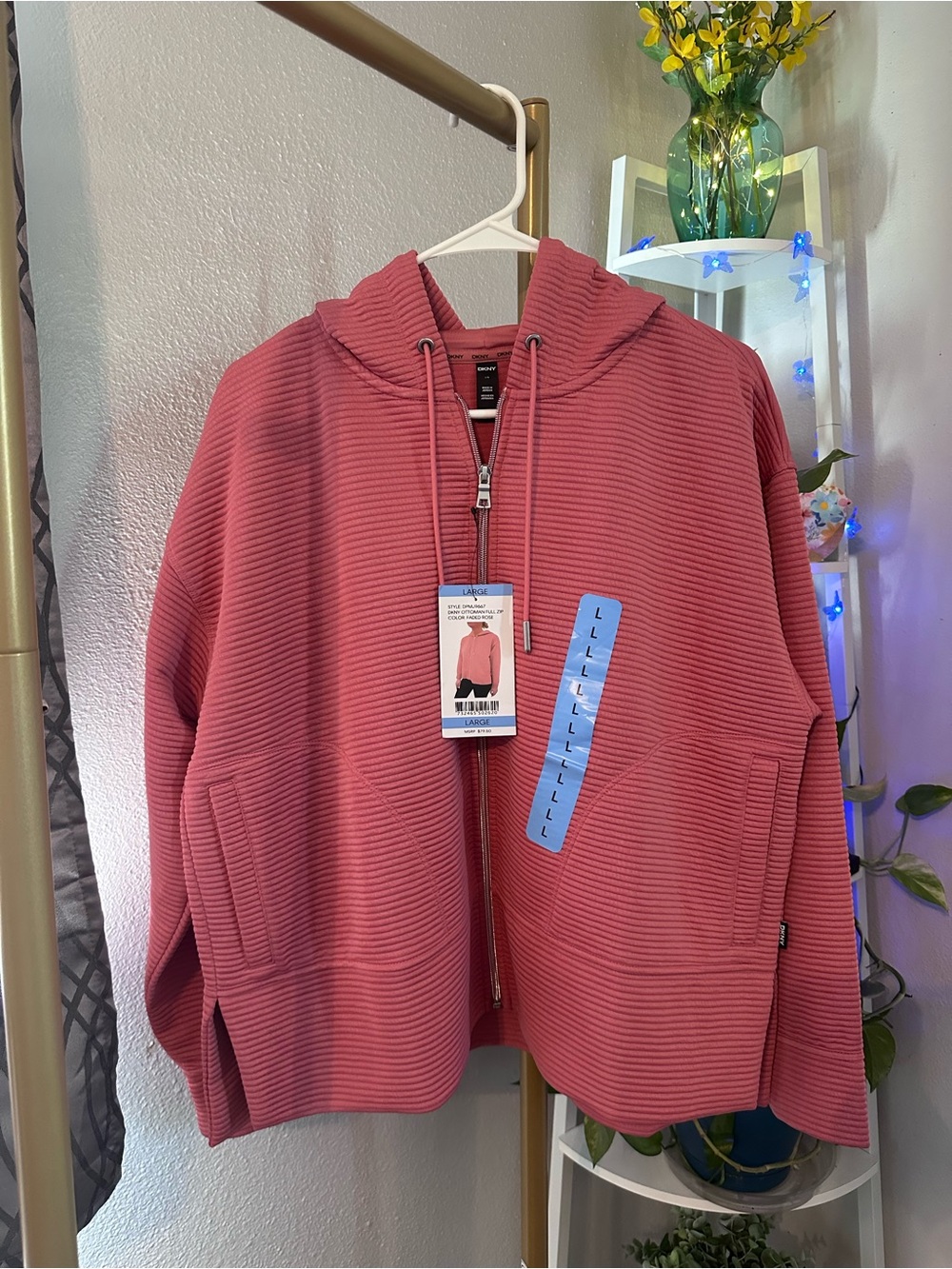 DKNY Ribbed Zip-Front Hoodie Jacket in Dusty Rose